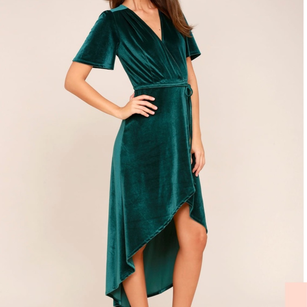 Lulu’s Amour Teal Green Velvet High-Low Wrap dress